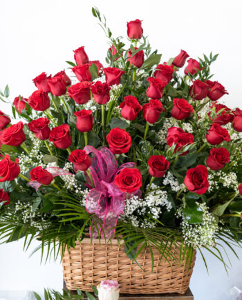 100 Red Roses and green filling. Basket
