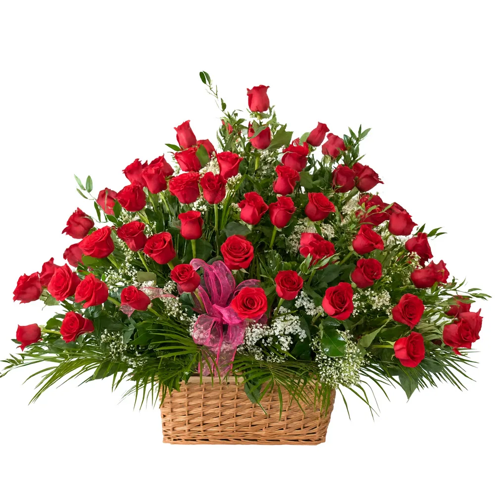 100 red Roses basket