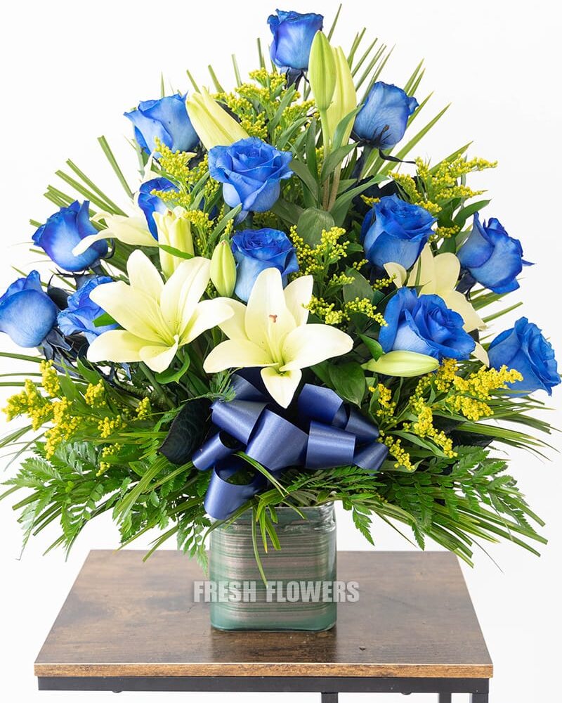Blue Flower Arrangement. Roses & Lilies