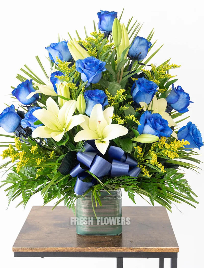 Blue Flower Arrangement. Roses & Lilies