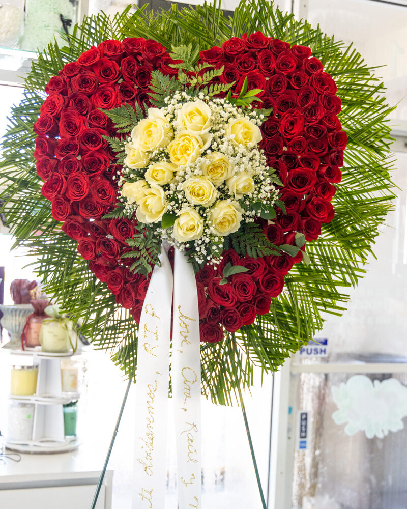 Heart-Shaped Floral Tribute with Personalized Ribbons