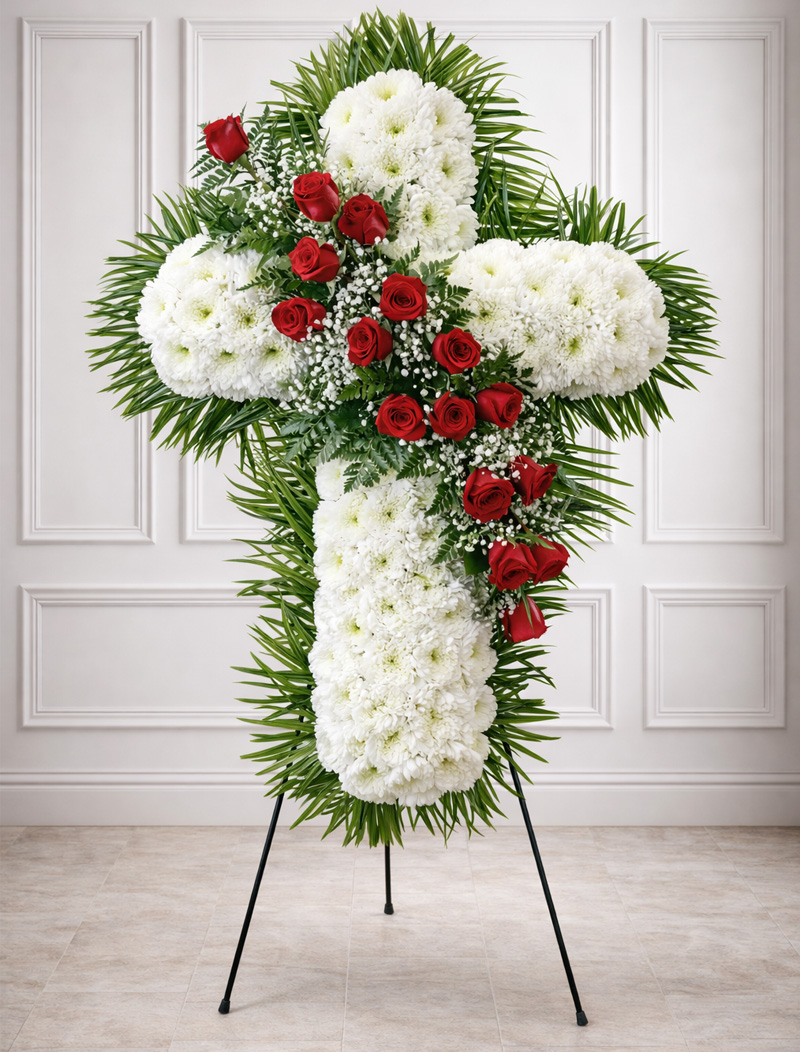 Sacred Cross: A Symbolic Funeral Flower Tribute (Red22)