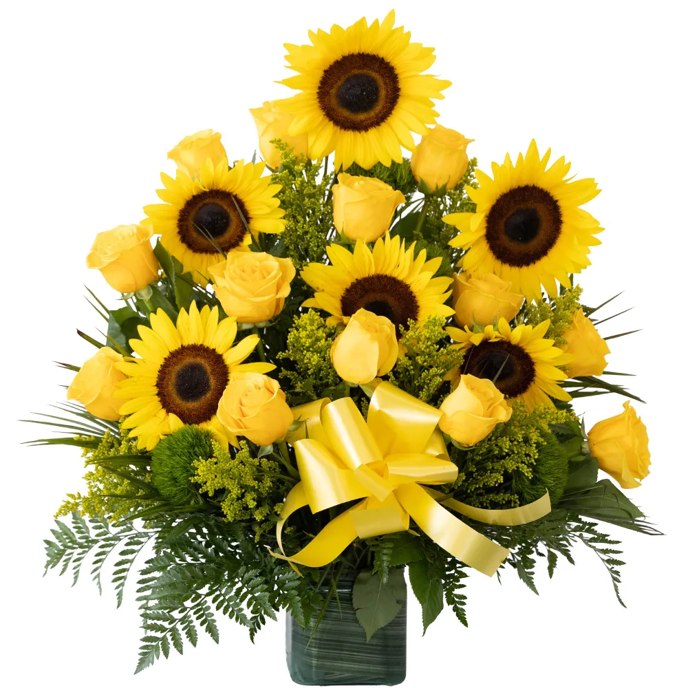 Combination of Yellow roses with sunflowers Cube