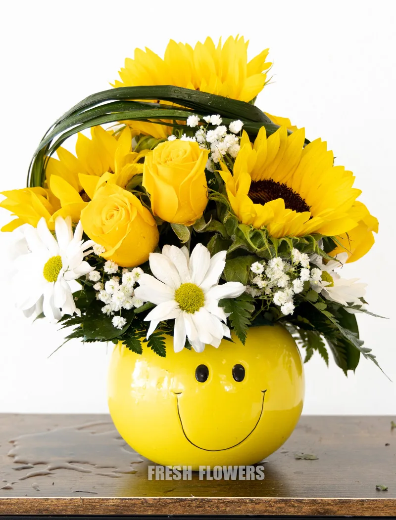 Happy Face Sunflower, Yellow Roses