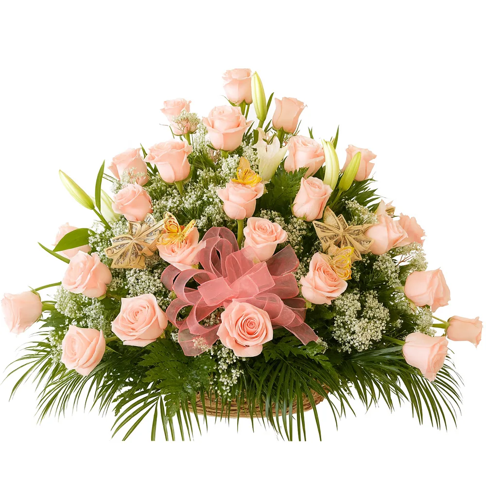 25 roses in a basket.