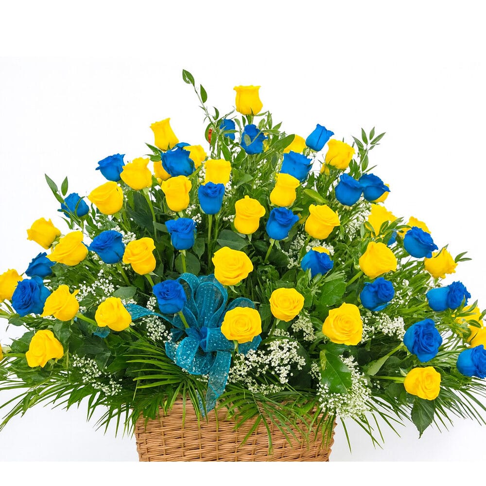 basket 100 roses blue yellow