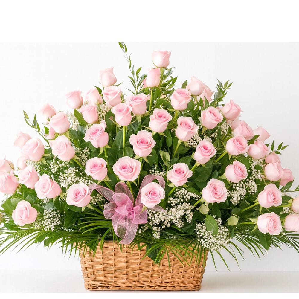 basket 100 roses pink