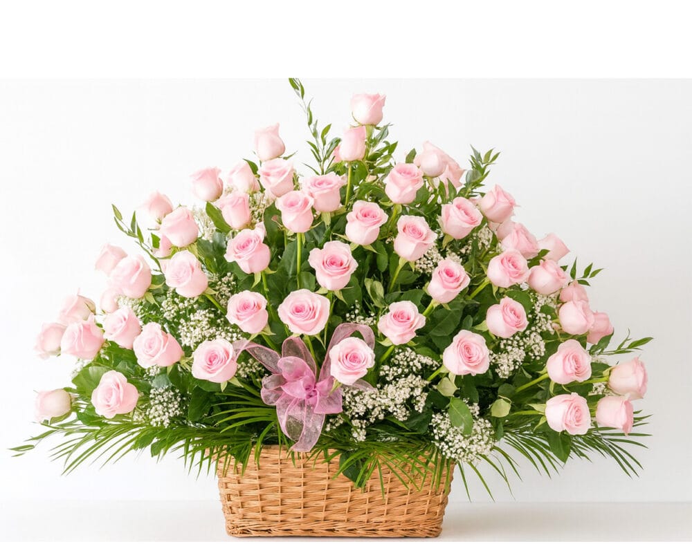 basket 100 roses pink
