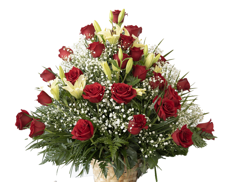 25 Red Roses and lilies. Basket