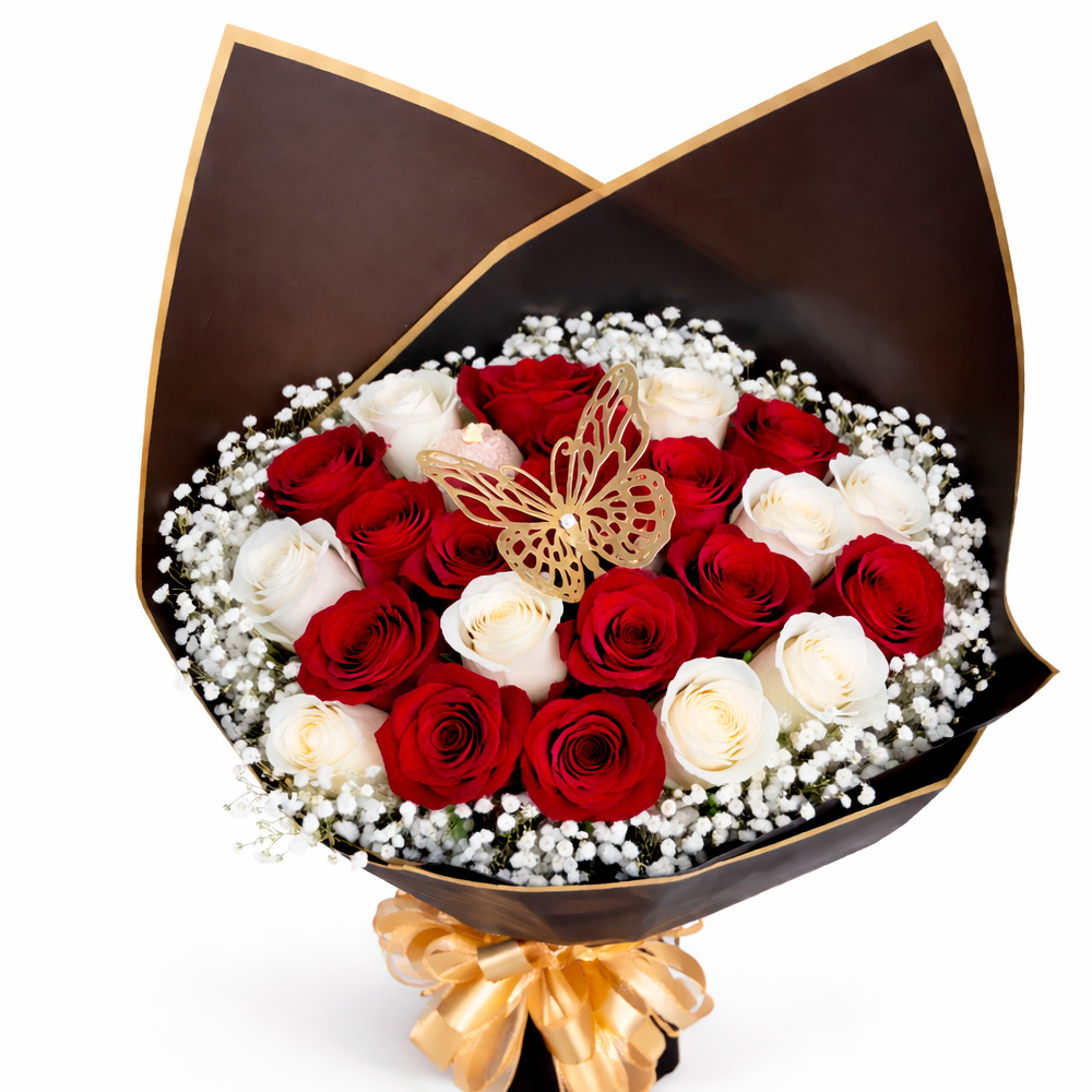 Buchon White Red 25 Roses