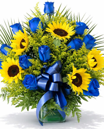 Cube blue roses with sunflowers
